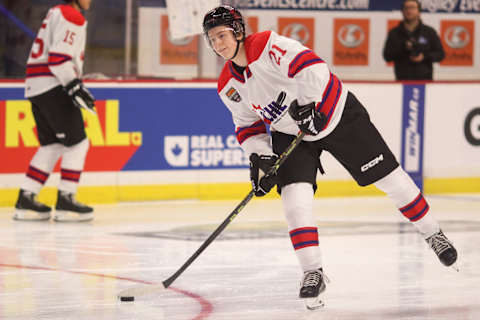 Calum Ritchie during the 2023 Kubota CHL Top Prospects Game practice. (Photo by Dennis Pajot/Getty Images)