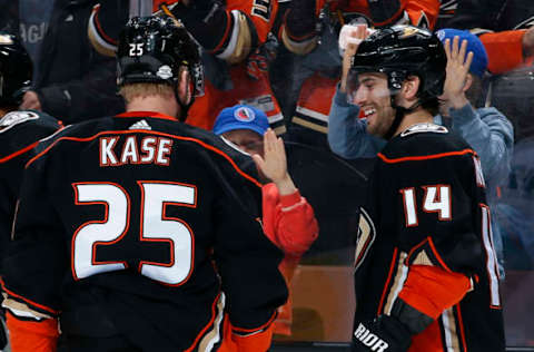 ANAHEIM, CA – FEBRUARY 11: Adam Henrique #14 and Ondrej Kase #25 of the Anaheim Ducks celebrate a goal in the third period of the game against the San Jose Sharks on February 11, 2018. (Photo by Debora Robinson/NHLI via Getty Images)