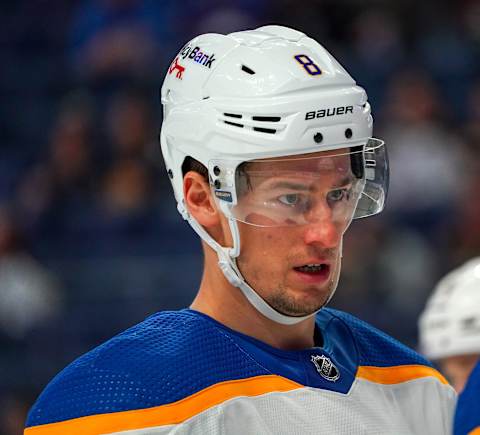 BUFFALO, NY – OCTOBER 22: Robert Hagg #8 of the Buffalo Sabres during the game against the Boston Bruins at KeyBank Center on October 22, 2021 in Buffalo, New York. (Photo by Kevin Hoffman/Getty Images)