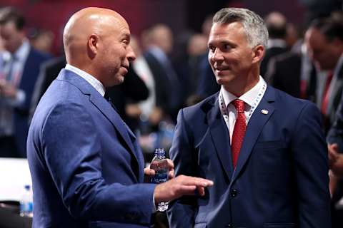 MONTREAL, QUEBEC – JULY 07: Montreal Canadiens General Manager Kent Hughes and head coach Martin St. Louis of the Montreal Canadiens talk prior to Round One of the 2022 Upper Deck NHL Draft at Bell Centre on July 07, 2022 in Montreal, Quebec, Canada. (Photo by Bruce Bennett/Getty Images)