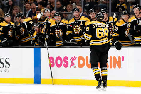 BOSTON, MA – SEPTEMBER 25: Boston Bruins center Jack Studnicka (68) skates to the bench after being hit in the face with the puck but scoring the game winner during a preseason game between the Boston Bruins and the New Jersey Devils on September 25, 2019, at TD Garden in Boston, Massachusetts. (Photo by Fred Kfoury III/Icon Sportswire via Getty Images)