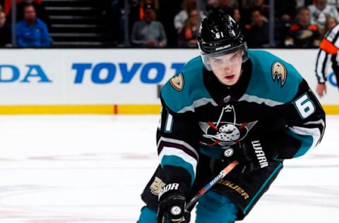 ANAHEIM, CA – OCTOBER 8: Troy Terry #61 of the Anaheim Ducks skates with the puck during the game against the Detroit Red Wings on October 8, 2018, at Honda Center in Anaheim, California. (Photo by Debora Robinson/NHLI via Getty Images)