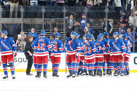 NEW YORK, NY – NOVEMBER 06: The New York Rangers celebrate after defeating the Detroit Red Wings 5-1 at Madison Square Garden on November 6, 2019 in New York City. (Photo by Jared Silber/NHLI via Getty Images)