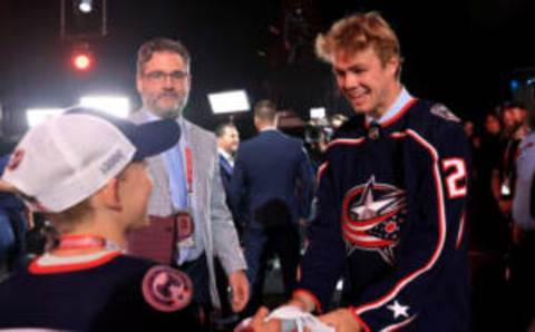 MONTREAL, QUEBEC – JULY 08: James Fisher is selected by the Columbus Blue Jackets during Round Seven of the 2022 Upper Deck NHL Draft at Bell Centre on July 08, 2022 in Montreal, Quebec, Canada. (Photo by Bruce Bennett/Getty Images)