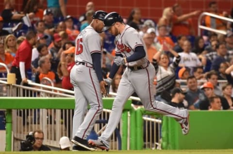 Sep 24, 2016; Miami, FL, USA; Atlanta Braves first baseman Freddie Freeman (5) rounds third base after hitting a solo home run against the Atlanta Braves at Marlins Park. The Miami Marlins defeat the Atlanta Braves 6-4. Mandatory Credit: Jasen Vinlove-USA TODAY Sports