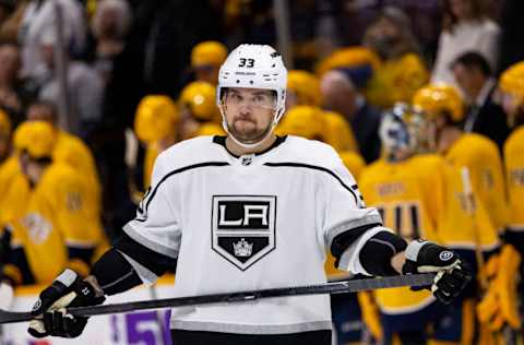 NASHVILLE, TN - OCTOBER 18: Viktor Arvidsson #33 of the Los Angeles Kings skates in a stoppage against the Nashville Predators during the second period at Bridgestone Arena on October 18, 2022 in Nashville, Tennessee. (Photo by Brett Carlsen/Getty Images)