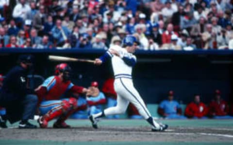 KANSAS CITY, MO – OCTOBER 18: George Brett of the Kansas City Royals bats during World Series game four between the Kansas City Royals and Philadelphia Phillies on October 18, 1980 at Royals Stadium in Kansas City, Missouri. The Royals defeated the Phillies 5-3. (Photo by Rich Pilling/Getty Images)