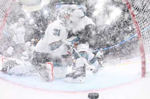 ST LOUIS, MISSOURI – MAY 21: Martin Jones #31 of the San Jose Sharks gives up a goal to Tyler Bozak #21 of the St. Louis Blues during the third period in Game Six of the Western Conference Finals during the 2019 NHL Stanley Cup Playoffs at Enterprise Center on May 21, 2019 in St Louis, Missouri. (Photo by Elsa/Getty Images)