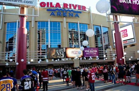 Oct 11, 2014; Glendale, AZ, USA; Fans wait to enter Gila River Arena prior to the game between the Arizona Coyotes and the Los Angeles Kings. Mandatory Credit: Matt Kartozian-USA TODAY Sports