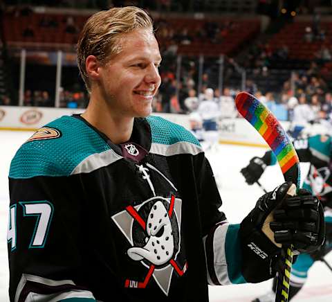 ANAHEIM, CA – MARCH 20: Hampus Lindholm #47 of the Anaheim Ducks skates in warm-ups while using a Pride Tape stick in support of NHL-initiative Hockey Is For Everyone and non-profit, You Can Play prior to the game against the Winnipeg Jets on March 20, 2019, at Honda Center in Anaheim, California. (Photo by Debora Robinson/NHLI via Getty Images)