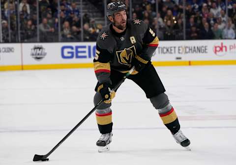 LAS VEGAS, NEVADA – NOVEMBER 19: Deryk Engelland #5 of the Vegas Golden Knights skates during the first period against the Toronto Maple Leafs at T-Mobile Arena on November 19, 2019 in Las Vegas, Nevada. (Photo by Jeff Bottari/NHLI via Getty Images)