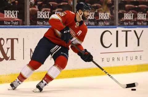 Apr 20, 2021; Sunrise, Florida, USA; Florida Panthers defenseman Keith Yandle (3) skates with the puck against the Columbus Blue Jackets during the first period at BB&T Center. Mandatory Credit: Sam Navarro-USA TODAY Sports