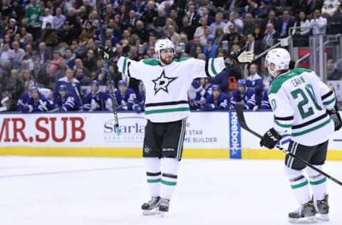 Feb 7, 2017; Toronto, Ontario, CAN; Dallas Stars center Tyler Seguin (91) celebrates his third period goal with center Cody Eakin (20) against the Toronto Maple Leafs at Air Canada Centre. The Maple Leafs beat the Stars 3-1. Mandatory Credit: Tom Szczerbowski-USA TODAY Sports