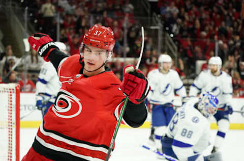 RALEIGH, NC – JANUARY 05: Carolina Hurricanes Left Wing Andrei Svechnikov (37) celebrates after scoring in the third period during a game between the Tampa Bay Lightning and the Carolina Hurricanes on January 5, 2020 at the PNC Arena in Raleigh, NC. (Photo by Greg Thompson/Icon Sportswire via Getty Images)