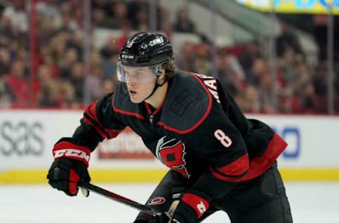 RALEIGH, NC – FEBRUARY 15: Saku Maenalanen #8 of the Carolina Hurricanes skates for position on the ice during an NHL game against the Edmonton Oilers on February 15, 2019 at PNC Arena in Raleigh, North Carolina. (Photo by Gregg Forwerck/NHLI via Getty Images)