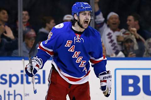 Apr 22, 2017; New York, NY, USA; New York Rangers right wing Mats Zuccarello (36) celebrates scoring a goal against the Montreal Canadiens during the second period in game six of the first round of the 2017 Stanley Cup Playoffs at Madison Square Garden. Mandatory Credit: Adam Hunger-USA TODAY Sports