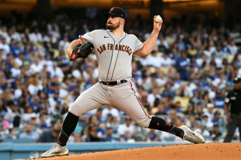 Jul 21, 2022; Los Angeles, California, USA; San Francisco Giants starting pitcher Carlos Rodon (16) throws a pitch in the first ing against the Los Angeles Dodgers at Dodger Stadium. Mandatory Credit: Richard Mackson-USA TODAY Sports