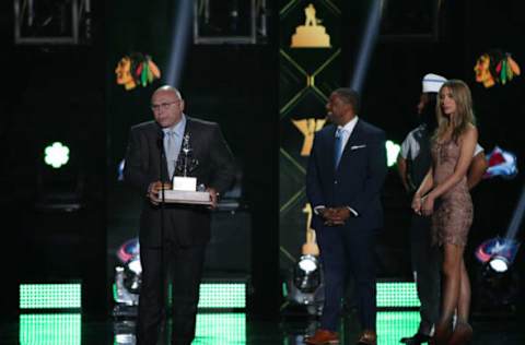 LAS VEGAS, NEVADA – JUNE 19: Barry Trotz of the New York Islanders accepts the Jack Adams Award as the NHL coach adjudged to have contributed the most to his team’s success as selected by the NHL Broadcasters’ Association during the 2019 NHL Awards at the Mandalay Bay Events Center on June 19, 2019 in Las Vegas, Nevada. (Photo by Dave Sandford/NHLI via Getty Images)