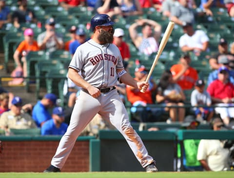 ARLINGTON, TX – JUNE 10: Evan Gattis #11 of the Houston Astros hits in the ninth inning against the Texas Rangers at Globe Life Park in Arlington on June 10, 2018, in Arlington, Texas. (Photo by Rick Yeatts/Getty Images)