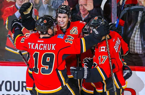 NHL Power Rankings:; Calgary Flames center Sean Monahan (23) celebrates his goal with teammates against Buffalo Sabres during the overtime period at Scotiabank Saddledome. Calgary Flames won 4-3. Mandatory Credit: Sergei Belski-USA TODAY Sports