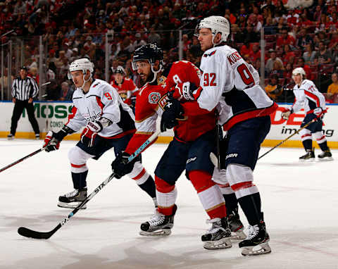 SUNRISE, FL – APRIL 1: Vincent Trocheck #21 of the Florida Panthers tangles with Evgeny Kuznetsov #92 of the Washington Capitals at the BB&T Center on April 1, 2019, in Sunrise, Florida. (Photo by Eliot J. Schechter/NHLI via Getty Images)