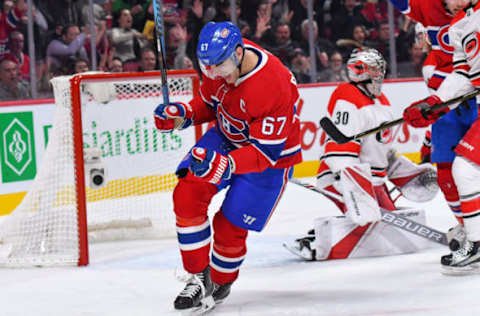 MONTREAL, QC – JANUARY 25: Montreal Canadiens Left Wing Max Pacioretty (67) celebrates a game-tying goal, against the Carolina Hurricanes at Bell Centre in Montreal, QC (Photo by David Kirouac/Icon Sportswire via Getty Images)