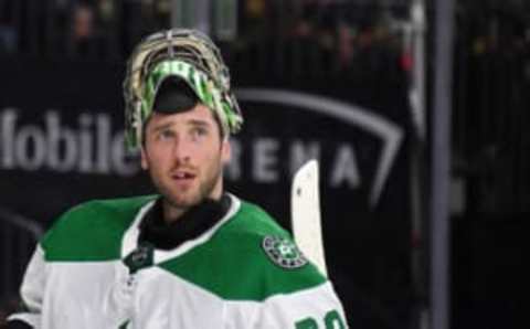 LAS VEGAS, NEVADA – DECEMBER 09: Ben Bishop #30 of the Dallas Stars takes a break during a stop in play in the second period of a game against the Vegas Golden Knights at T-Mobile Arena on December 9, 2018 in Las Vegas, Nevada. The Golden Knights defeated the Stars 4-2. (Photo by Ethan Miller/Getty Images)