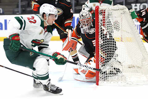 ANAHEIM, CALIFORNIA – JANUARY 18: John Gibson #36 of the Anaheim Ducks tends goal during the third period of a game against the Minnesota Wild at Honda Center on January 18, 2021, in Anaheim, California. (Photo by Sean M. Haffey/Getty Images)