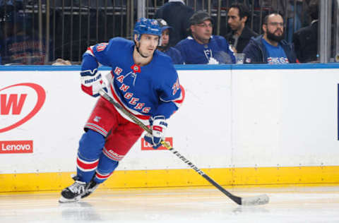 Chris Kreider #20 of the New York Rangers skates against the Toronto Maple Leafs