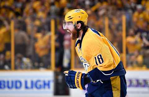 Jun 3, 2017; Nashville, TN, USA; Nashville Predators left wing James Neal (18) celebrates after scoring a goal against the Pittsburgh Penguins during the second period in game three of the 2017 Stanley Cup Final at Bridgestone Arena. Mandatory Credit: Christopher Hanewinckel-USA TODAY Sports