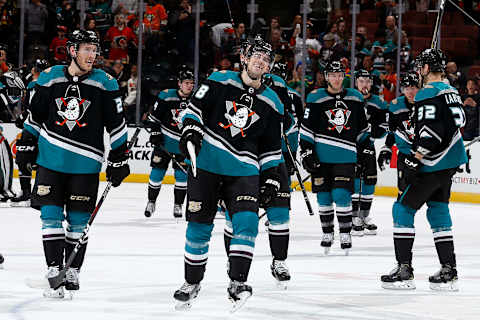 ANAHEIM, CA – APRIL 3: Derek Grant #38 and Carter Rowney #24 of the Anaheim Ducks celebrate their 3-1 win over the Calgary Flames on April 3, 2019, at Honda Center in Anaheim, California. (Photo by Debora Robinson/NHLI via Getty Images)