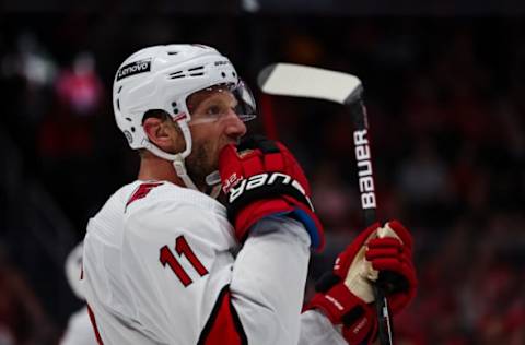 WASHINGTON, DC – MARCH 28: Jordan Staal #11 of the Carolina Hurricanes looks on against the Washington Capitals during the second period of the game at Capital One Arena on March 28, 2022, in Washington, DC. (Photo by Scott Taetsch/Getty Images)