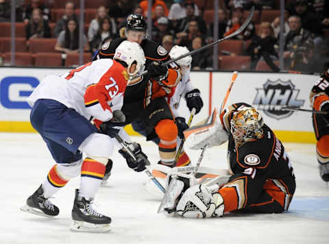 November 4, 2015; Anaheim, CA, USA; Anaheim Ducks goalie Frederik Andersen (31) blocks a shot against Florida Panthers center Brandon Pirri (73) during the third period at Honda Center. Mandatory Credit: Gary A. Vasquez-USA TODAY Sports