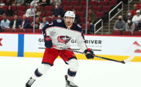 Nov 18, 2021; Glendale, Arizona, USA; Columbus Blue Jackets center Sean Kuraly (7) against the Arizona Coyotes at Gila River Arena. Mandatory Credit: Mark J. Rebilas-USA TODAY Sports