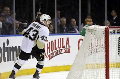 Apr 21, 2016; New York, NY, USA; Pittsburgh Penguins left wing Conor Sheary (43) celebrates after scoring a goal during the first period in game four of the first round of the 2016 Stanley Cup Playoffs against the New York Rangers at Madison Square Garden. Mandatory Credit: Adam Hunger-USA TODAY Sports