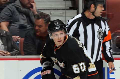 ANAHEIM, CA – OCTOBER 15: Brendan Mikkelson #60 of the Anaheim Ducks skates against the Atlanta Thrashers at Honda Center on October 15, 2010, in Anaheim, California. (Photo by Jeff Gross/Getty Images)