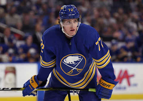 Apr 23, 2022; Buffalo, New York, USA; Buffalo Sabres right wing Tage Thompson (72) waits for the face-off during the second period against the New York Islanders at KeyBank Center. Mandatory Credit: Timothy T. Ludwig-USA TODAY Sports