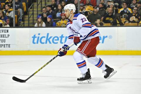 BOSTON, MA -DECEMBER 16: New York Rangers Defenceman Kevin Shattenkirk (22) skates up ice with the puck. During the New York Rangers game against the Boston Bruins on December 16, 2017 at TD Bank Garden in Boston, MA. (Photo by Michael Tureski/Icon Sportswire via Getty Images)