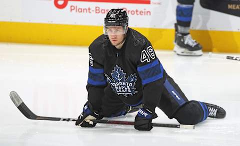 TORONTO, ON – MARCH 23: Ilya Lyubushkin #46 of the Toronto Maple Leafs warms up prior to playing against the New Jersey Devils in an NHL game at Scotiabank Arena on March 23, 2022 in Toronto, Ontario, Canada. The Maple Leafs defeated the Devils 3-2. (Photo by Claus Andersen/Getty Images)