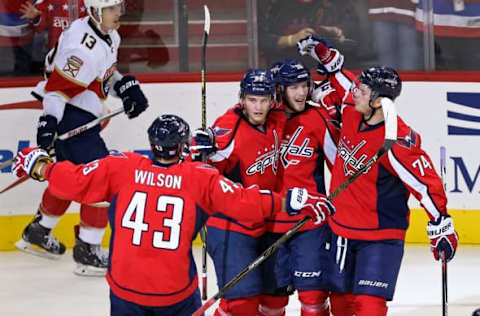 NHL Team Name Origins: Washington Capitals center Lars Eller (20) celebrates with teammates after scoring a goal against the Florida Panthers in the third period at Verizon Center. The Capitals won 4-2. Mandatory Credit: Geoff Burke-USA TODAY Sports