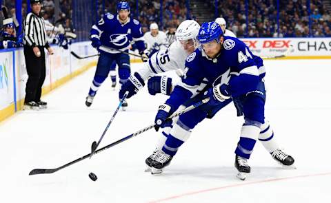 TAMPA, FLORIDA – APRIL 04: Jan Rutta #44 of the Tampa Bay Lightning and Ilya Mikheyev #65 of the Toronto Maple Leafs fight for the puck in the first period during a game at Amalie Arena on April 04, 2022 in Tampa, Florida. (Photo by Mike Ehrmann/Getty Images)