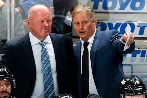 ANAHEIM, CA – FEBRUARY 13: Interim head coach of the Anaheim Ducks, Bob Murray, chats with assistant coach, Mark Morrison while coaching first NHL game on February 13, 2019, against the Vancouver Canucks at Honda Center in Anaheim, California. (Photo by Debora Robinson/NHLI via Getty Images)