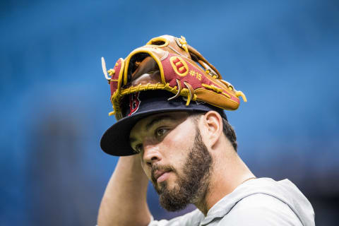 ST. PETERSBURG, FL – MARCH 28: Blake Swihart #23 of the Boston Red Sox reacts during a team workout before Opening Day on March 28, 2018, at Tropicana Field in St. Petersburg, Florida. (Photo by Billie Weiss/Boston Red Sox/Getty Images)