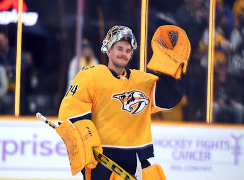 Nov 13, 2021; Nashville, Tennessee, USA; Nashville Predators Juuse Saros Mandatory Credit: Christopher Hanewinckel-USA TODAY Sports