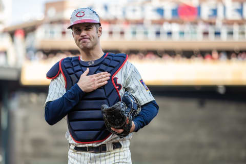 MINNEAPOLIS, MN- SEPTEMBER 30: Joe Mauer #7 of the Minnesota Twins looks on and acknowledges the fans prior to catching against the Chicago White Sox on September 30, 2018 at Target Field in Minneapolis, Minnesota. The Twins defeated the White Sox 5-4. (Photo by Brace Hemmelgarn/Minnesota Twins/Getty Images)