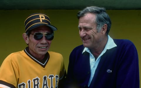 Harvey Haddix and Lou Burdette in 1984.. (Photo by George Gojkovich/Getty Images)