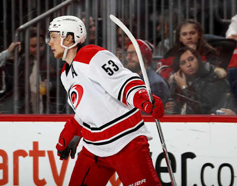 NEWARK, NJ – MARCH 25: Jeff Skinner #53 of the Carolina Hurricanes celebrates his goal in the third period against the New Jersey Devils on March 25, 2017 at Prudential Center in Newark, New Jersey. (Photo by Elsa/Getty Images)