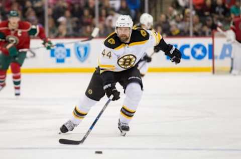 Feb 13, 2016; Saint Paul, MN, USA; Boston Bruins defenseman Dennis Seidenberg (44) skates after the puck in the second period against the Minnesota Wild at Xcel Energy Center. Mandatory Credit: Brad Rempel-USA TODAY Sports