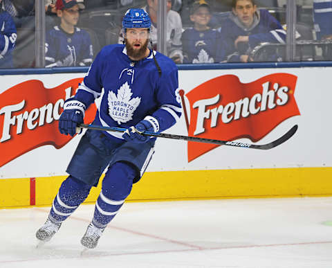 TORONTO, ON – OCTOBER 21: Jake Muzzin #8 of the Toronto Maple Leafs . (Photo by Claus Andersen/Getty Images)