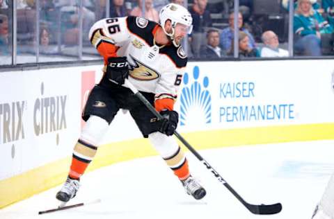 SAN JOSE, CA – SEPTEMBER 18: Anaheim Ducks defenseman Keaton Thompson (66) carries the puck during the San Jose Sharks game versus the Anaheim Ducks on September 18, 2018, at SAP Center at San Jose in San Jose, CA. (Photo by Matt Cohen/Icon Sportswire via Getty Images)